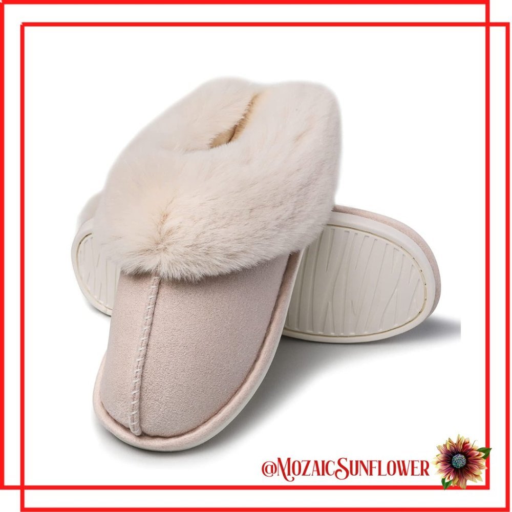 NEW Sueded Slippers Faux Fur Trim & Plush Fleece Memory Foam Flex Rubber Soles